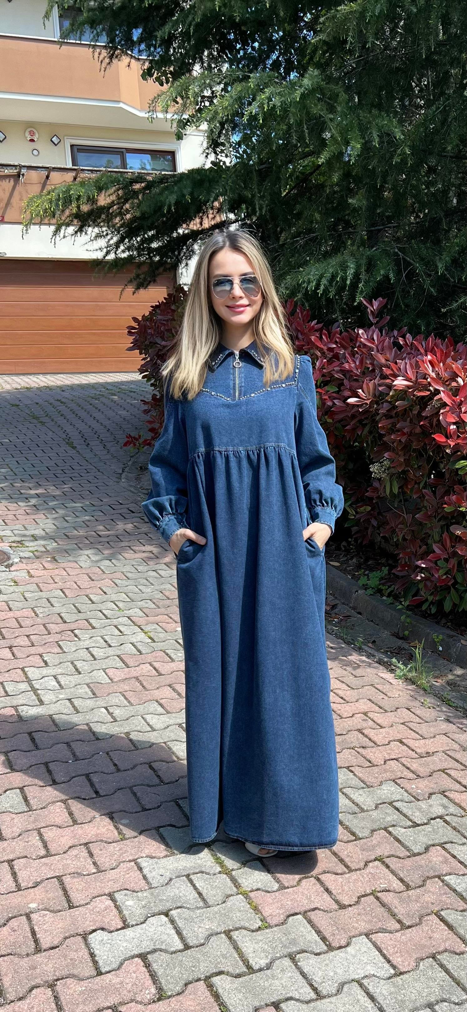 Premium Kalite Taş Süslemeli Yazlık Denim Kot Elbise Tesettür Jean Elbise 145 cm