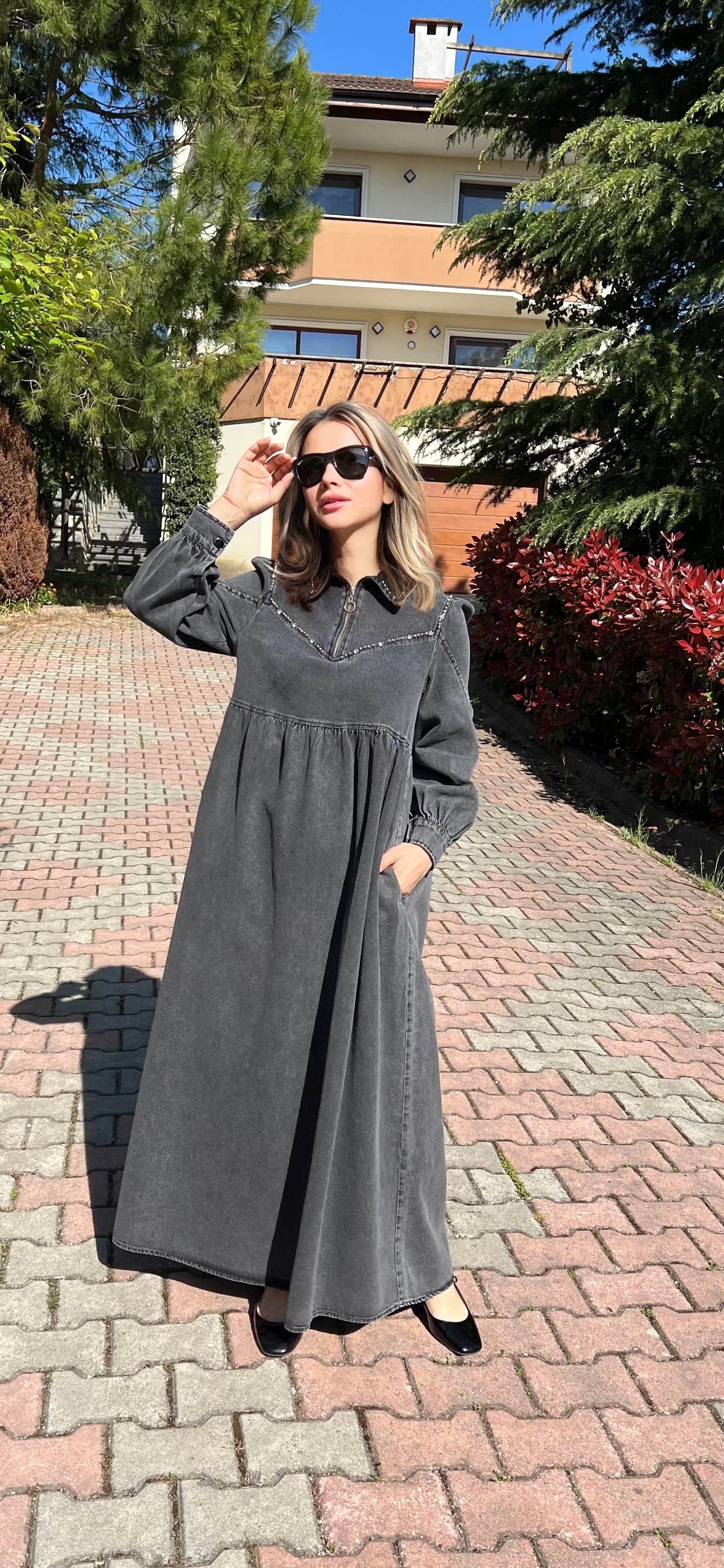 Premium Kalite Taş Süslemeli Yazlık Denim Kot Elbise Tesettür Jean Elbise 145 cm