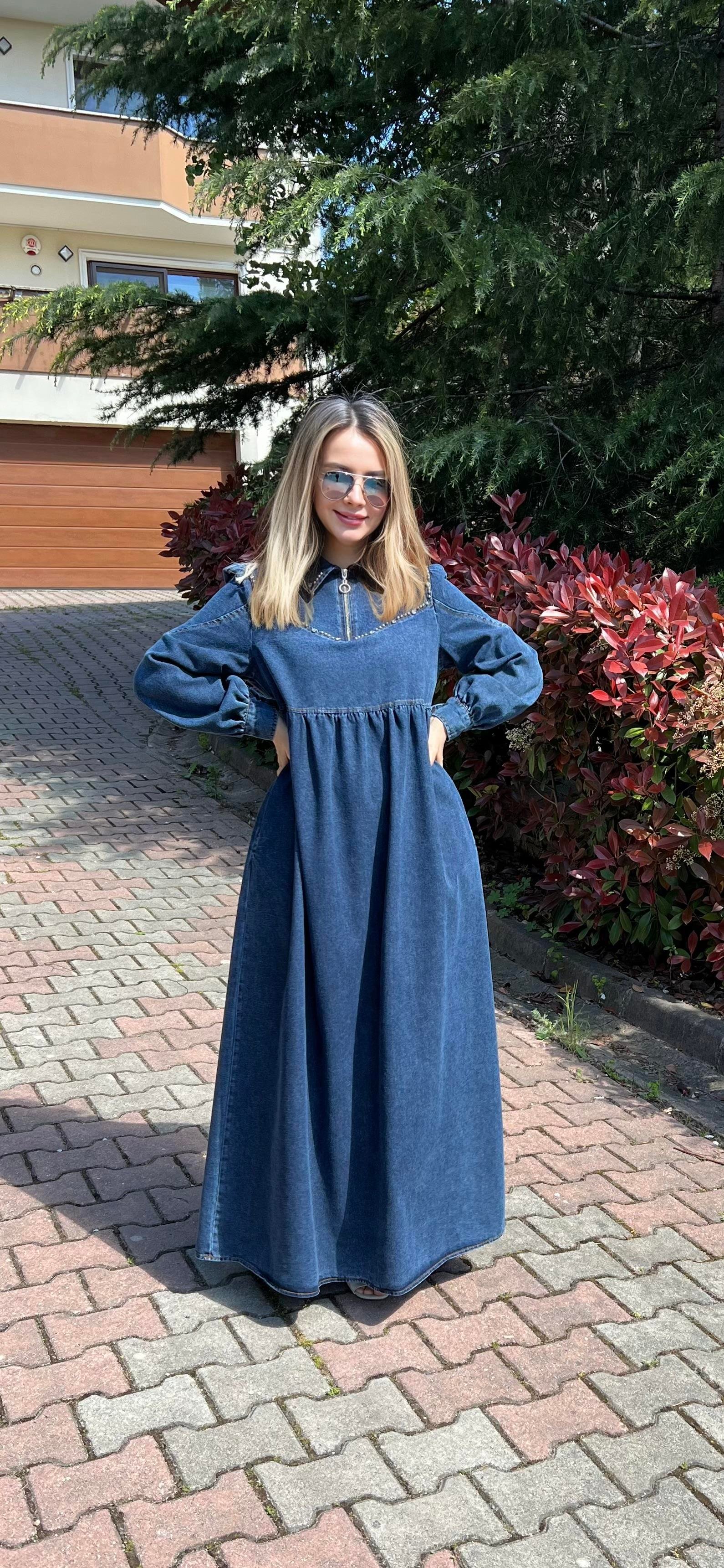 Premium Kalite Taş Süslemeli Yazlık Denim Kot Elbise Tesettür Jean Elbise 145 cm