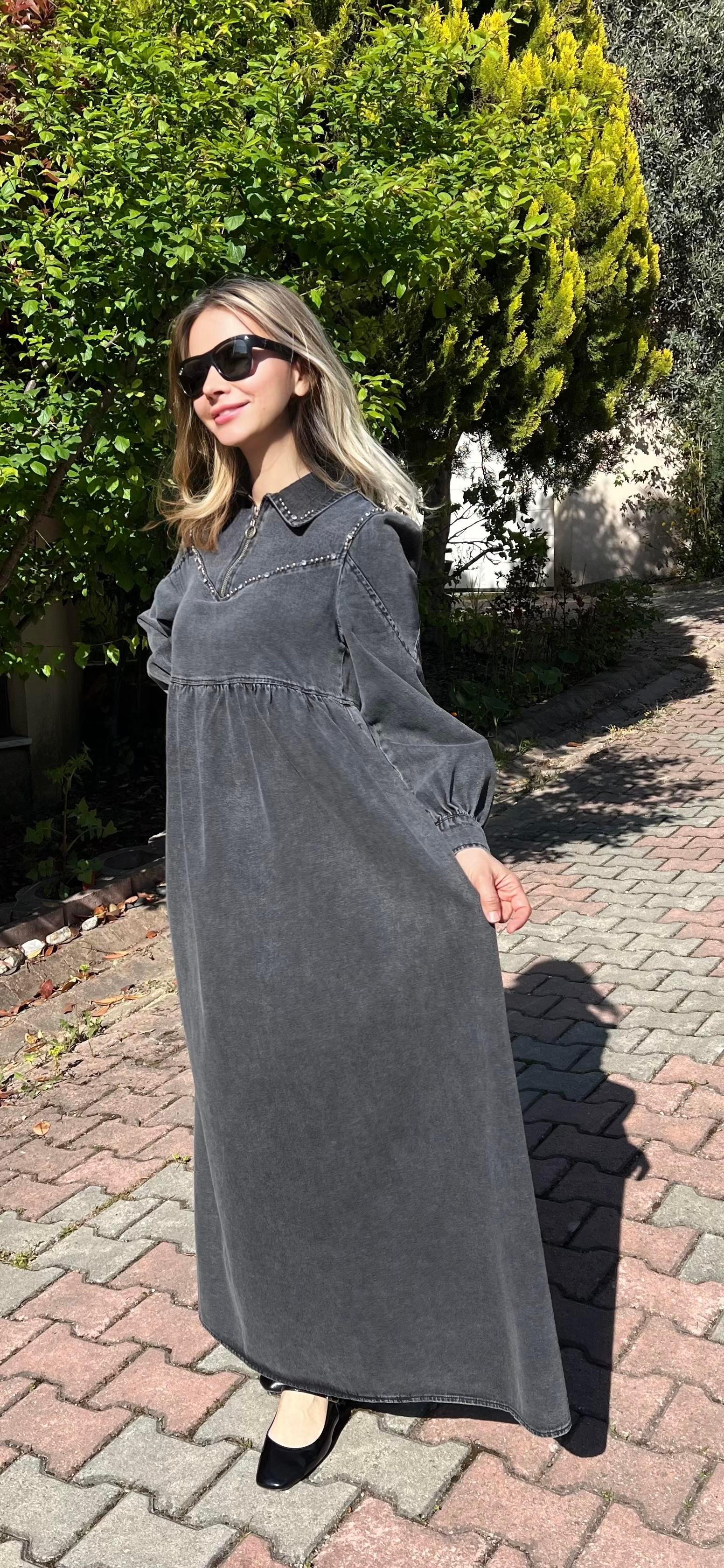 Premium Kalite Taş Süslemeli Yazlık Denim Kot Elbise Tesettür Jean Elbise 145 cm