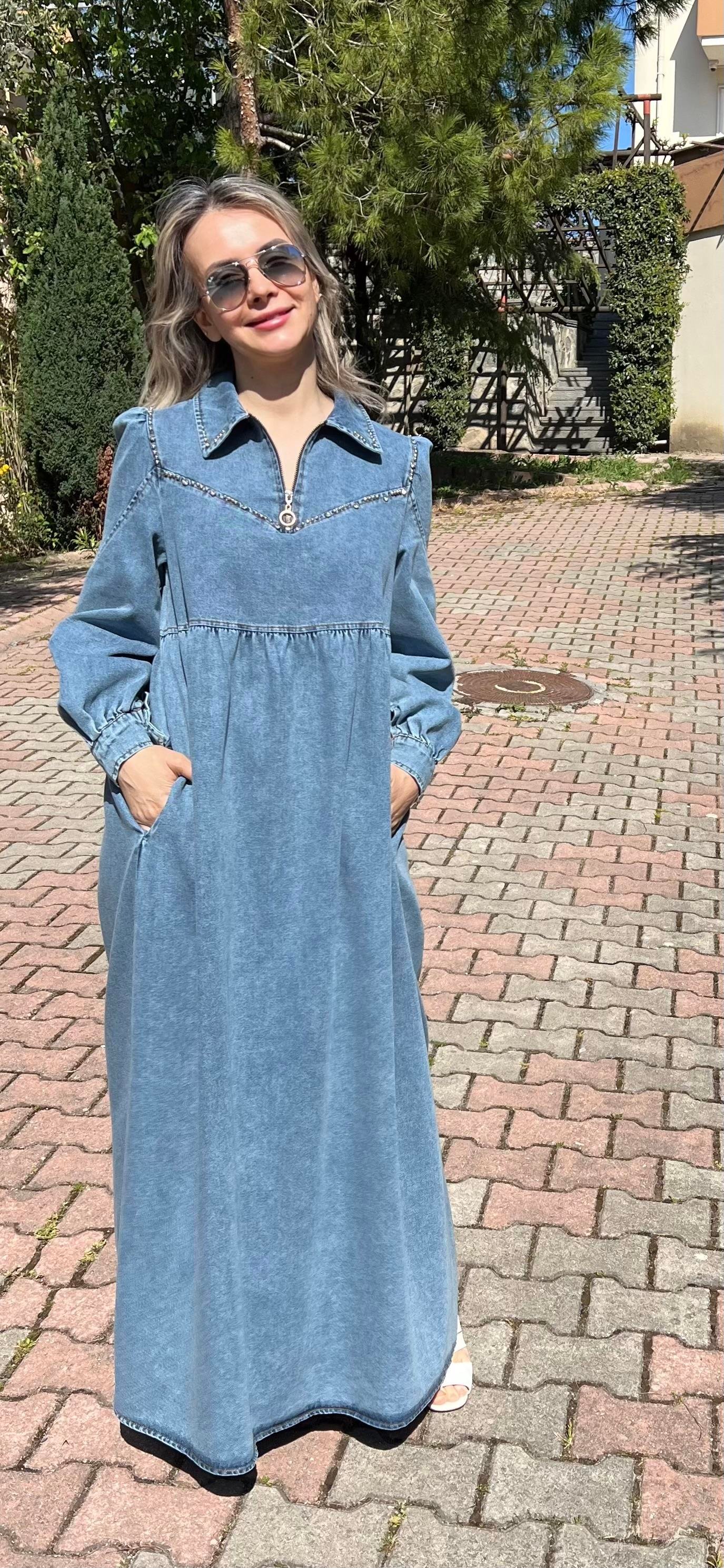 Premium Kalite Taş Süslemeli Yazlık Denim Kot Elbise Tesettür Jean Elbise 140 cm