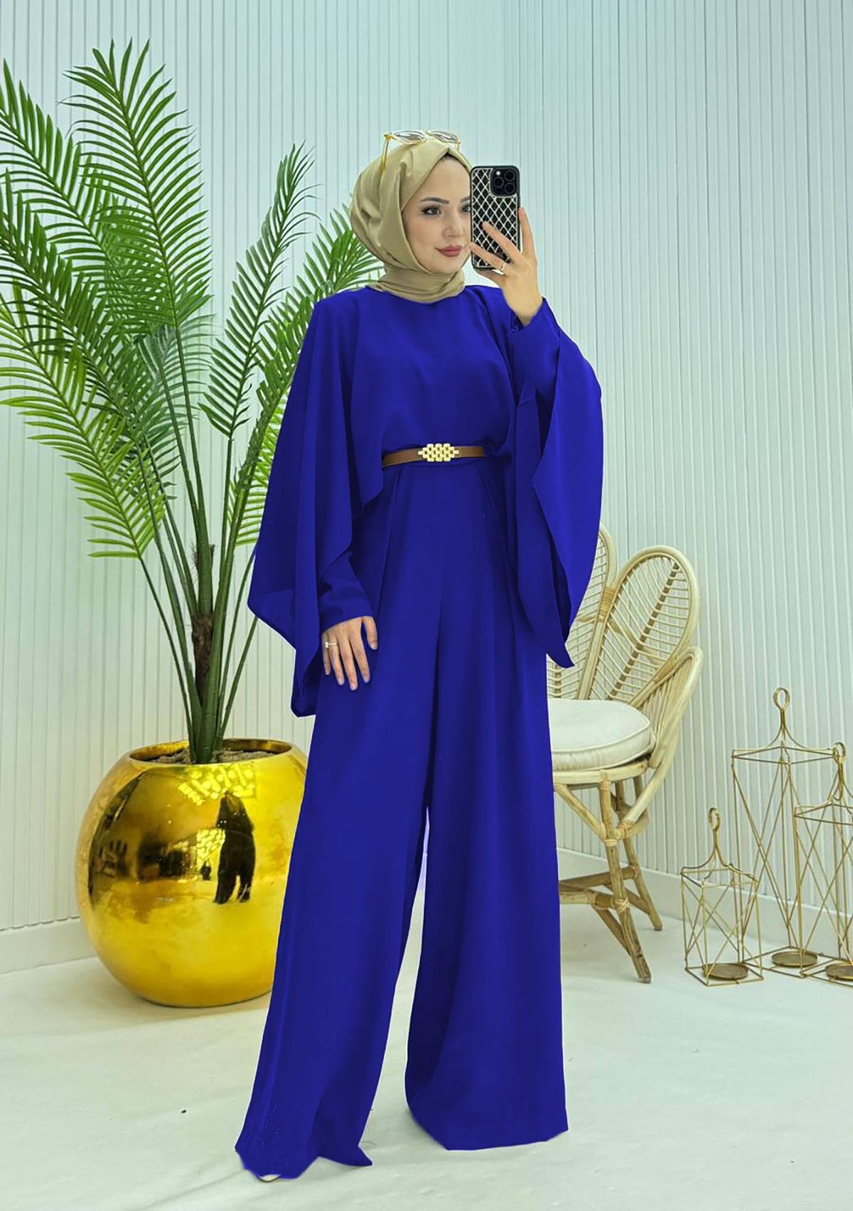  kadın pelerinli kemer detaylı tesettür tulum NMS061