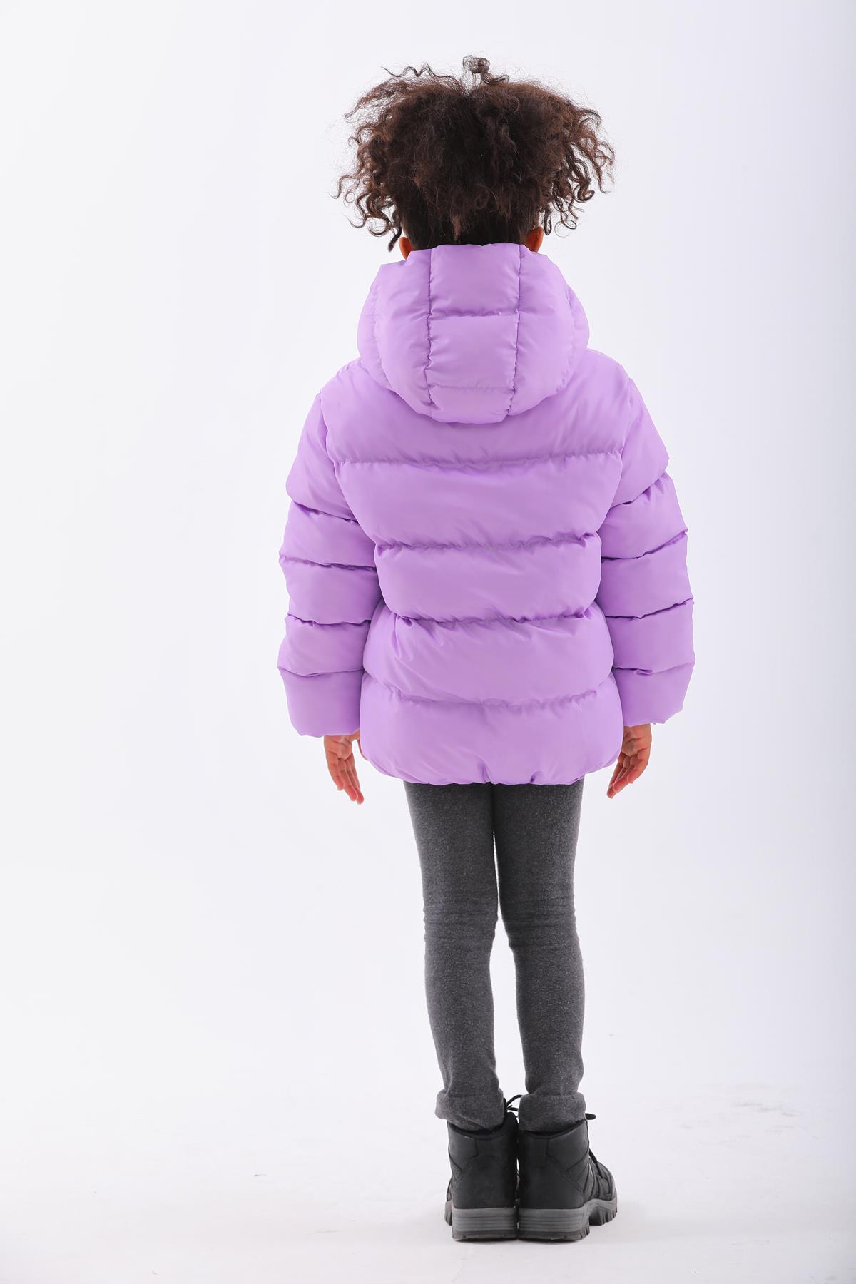 Çocuk Lila Su Geçirmez İç Polarlı Kapüşonlu Kışlık Mont DPRBC012