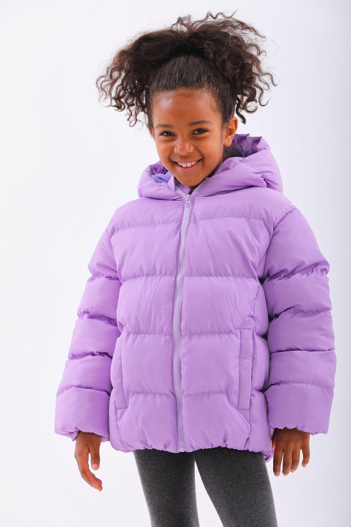 Çocuk Lila Su Geçirmez İç Polarlı Kapüşonlu Kışlık Mont DPRBC012