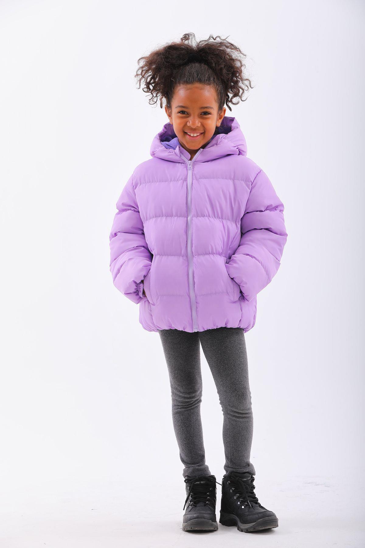 Çocuk Lila Su Geçirmez İç Polarlı Kapüşonlu Kışlık Mont DPRBC012