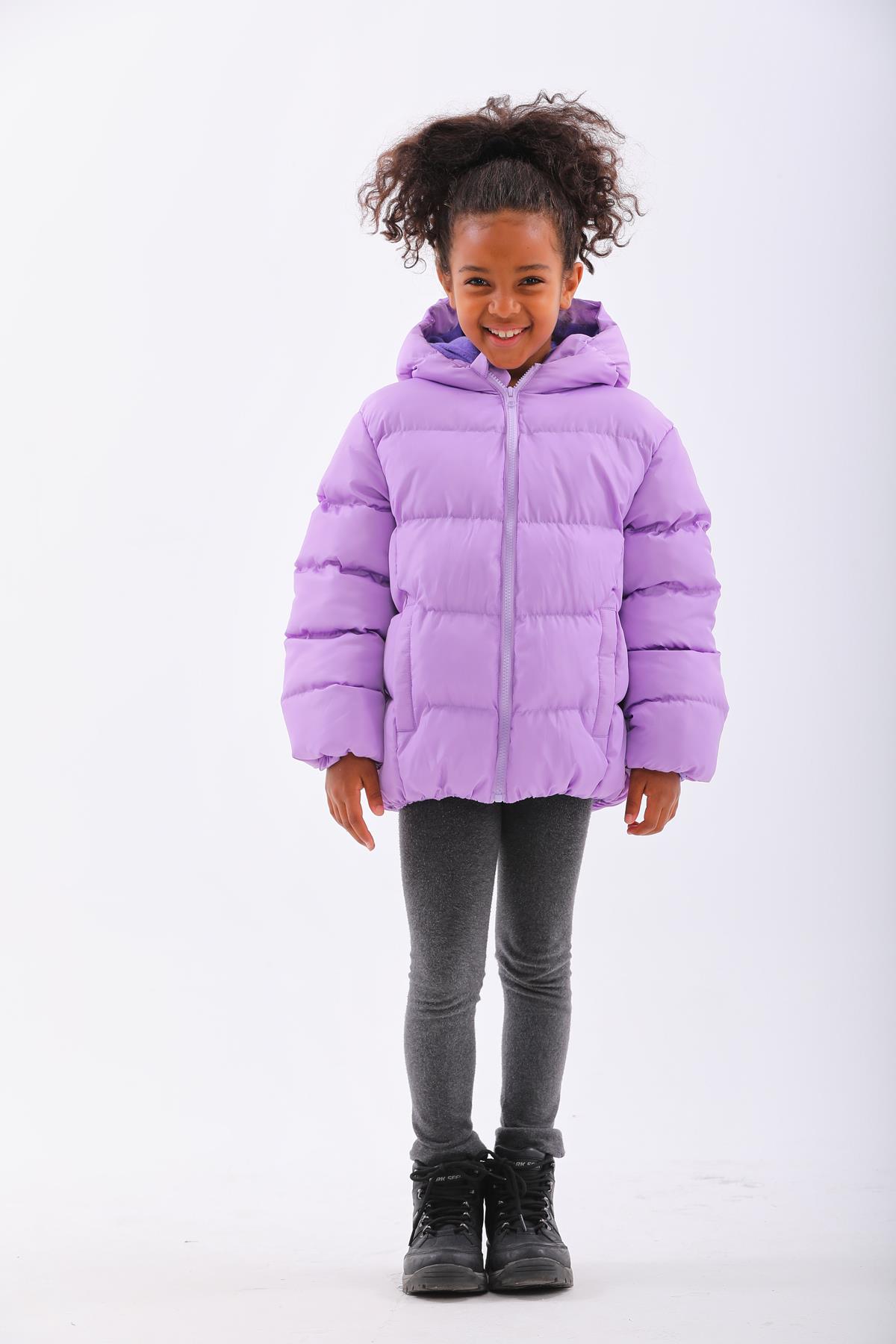 Çocuk Lila Su Geçirmez İç Polarlı Kapüşonlu Kışlık Mont DPRBC012