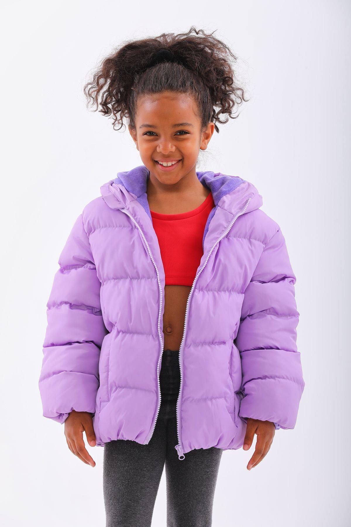 Çocuk Lila Su Geçirmez İç Polarlı Kapüşonlu Kışlık Mont DPRBC012