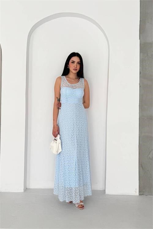 Dipmoda bebe mavi mavi transparan detaylı tam boy astarlı dantel elbise DPK4619