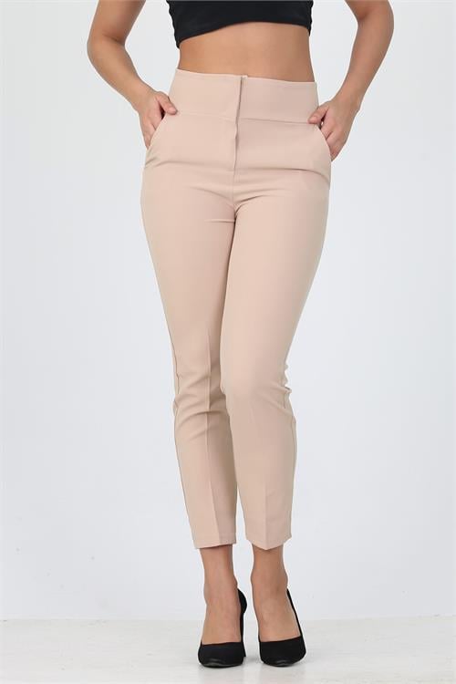 Dipmoda bej yeni sezon yüksek bel likralı kadın kumaş pantolon ELA004 