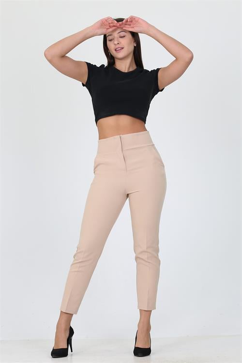 Dipmoda bej yeni sezon yüksek bel likralı kadın kumaş pantolon ELA004 