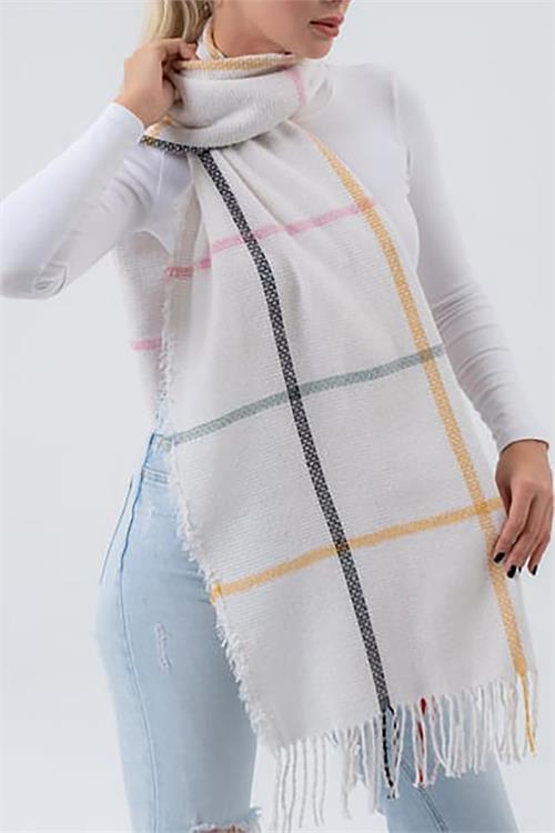 Dipmoda ekru yumuşak dokulu kare çizgi desenli püsküllü şal atkı DPAKS036