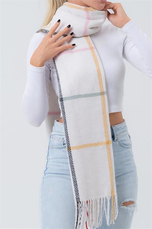 Dipmoda ekru yumuşak dokulu kare çizgi desenli püsküllü şal atkı DPAKS036