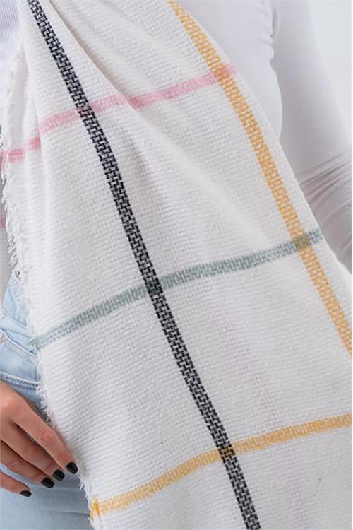 Dipmoda ekru yumuşak dokulu kare çizgi desenli püsküllü şal atkı DPAKS036