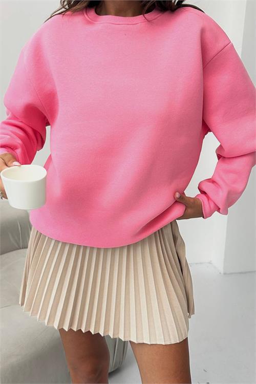 Dipmoda kadın 2 iplik pamuklu pembe sweatshirt DPG103