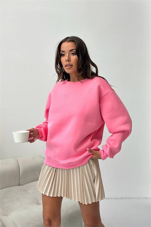 Dipmoda kadın 2 iplik pamuklu pembe sweatshirt DPG103
