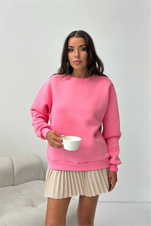 Dipmoda kadın 2 iplik pamuklu pembe sweatshirt DPG103