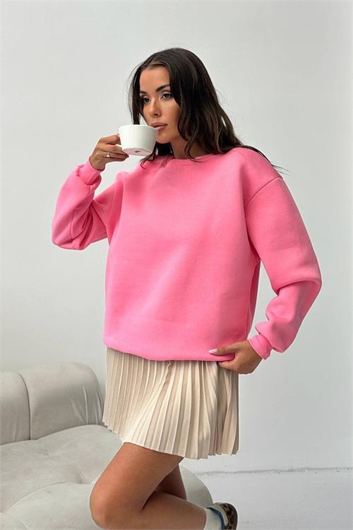 Dipmoda kadın 2 iplik pamuklu pembe sweatshirt DPG103