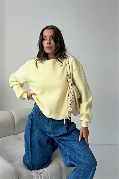 Dipmoda kadın 2 iplik pamuklu sarı sweatshirt DPG103
