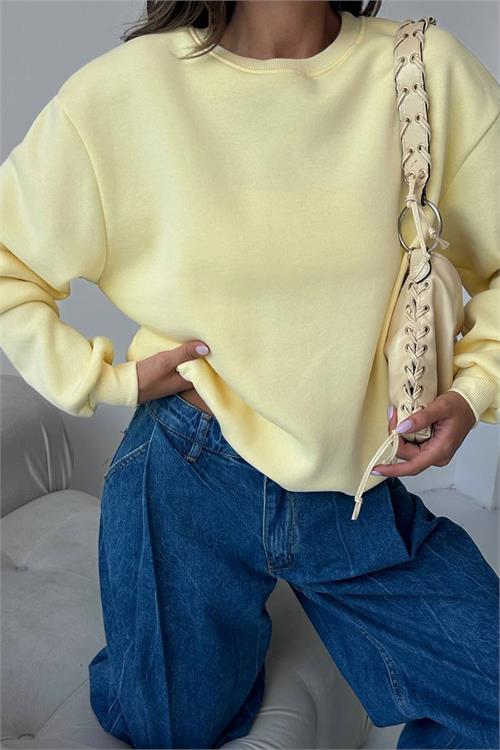 Dipmoda kadın 2 iplik pamuklu sarı sweatshirt DPG103
