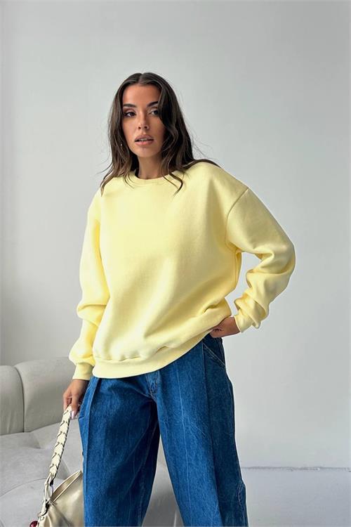Dipmoda kadın 2 iplik pamuklu sarı sweatshirt DPG103