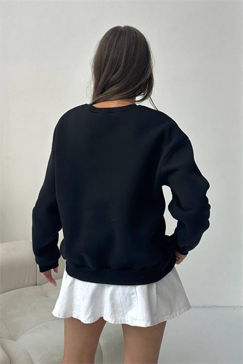 Dipmoda kadın 2 iplik pamuklu siyah sweatshirt DPG103