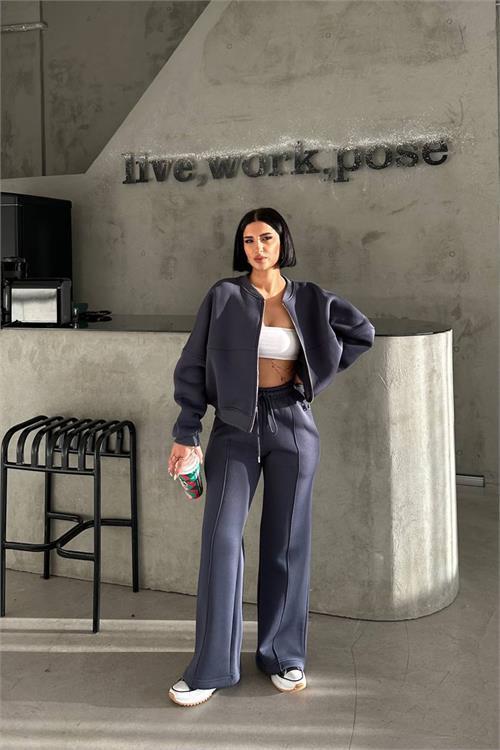 Dipmoda kadın 3 iplik şardonlu cepli premium eşofman takımı DPHS001