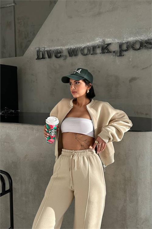 Dipmoda kadın 3 iplik şardonlu cepli premium eşofman takımı DPHS001