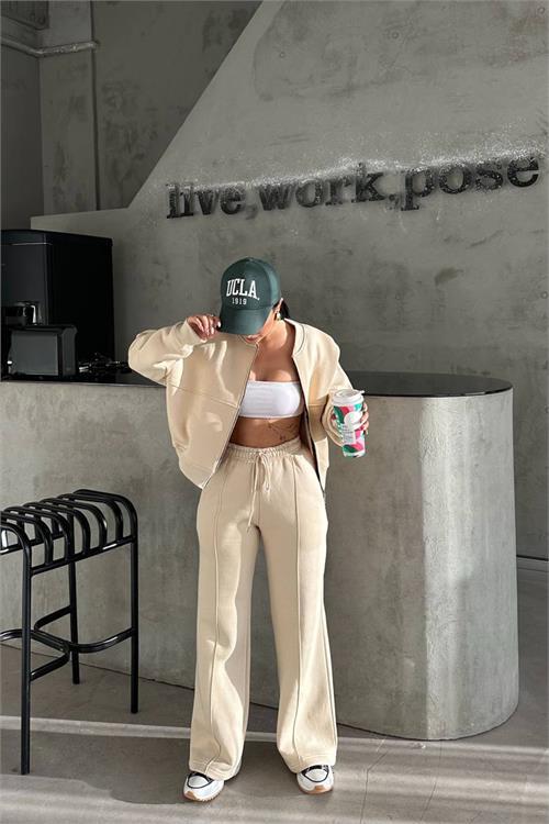 Dipmoda kadın 3 iplik şardonlu cepli premium eşofman takımı DPHS001