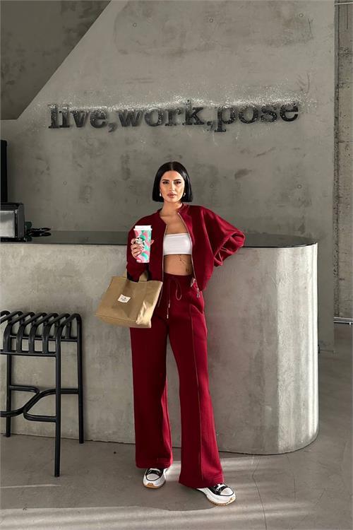 Dipmoda kadın 3 iplik şardonlu cepli premium eşofman takımı DPHS001