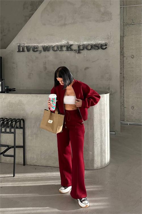 Dipmoda kadın 3 iplik şardonlu cepli premium eşofman takımı DPHS001