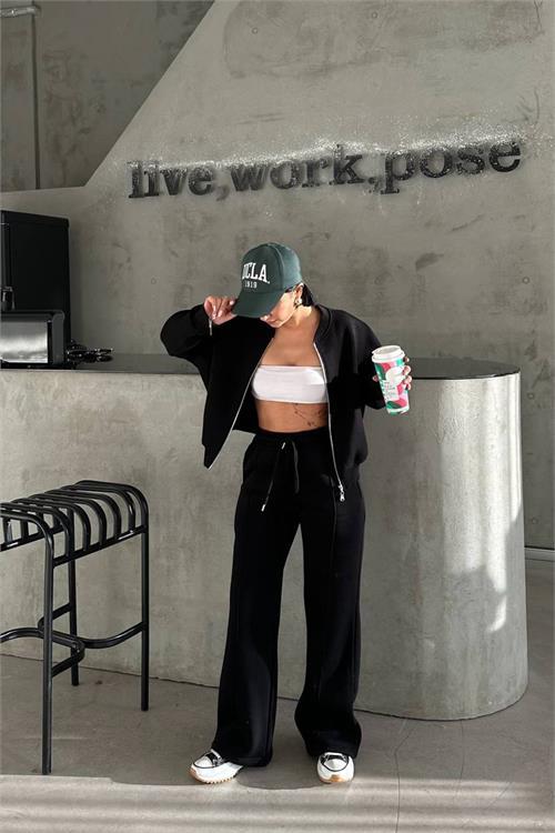 Dipmoda kadın 3 iplik şardonlu cepli premium eşofman takımı DPHS001