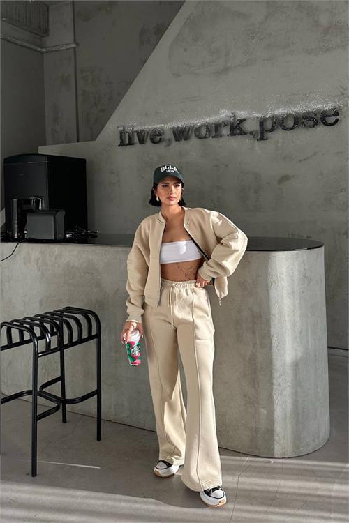 Dipmoda kadın 3 iplik şardonlu cepli premium eşofman takımı DPHS001