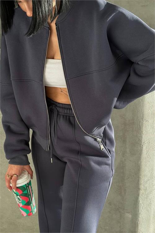 Dipmoda kadın 3 iplik şardonlu cepli premium eşofman takımı DPHS001