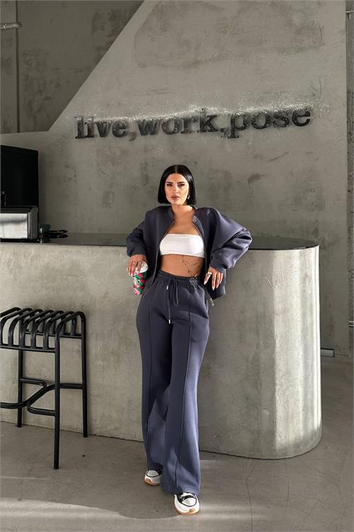 Dipmoda kadın 3 iplik şardonlu cepli premium eşofman takımı DPHS001