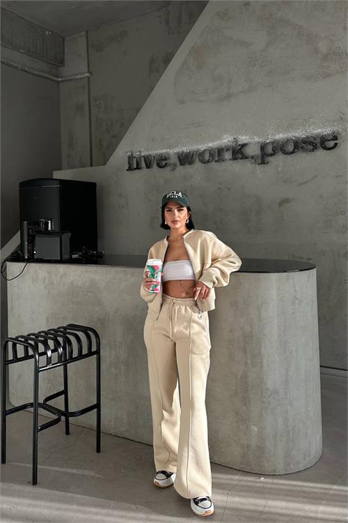 Dipmoda kadın 3 iplik şardonlu cepli premium eşofman takımı DPHS001