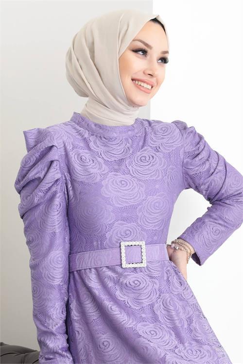 Dipmoda kadın abiye güpür ve omuz detaylı tesettür elbise SMS006 