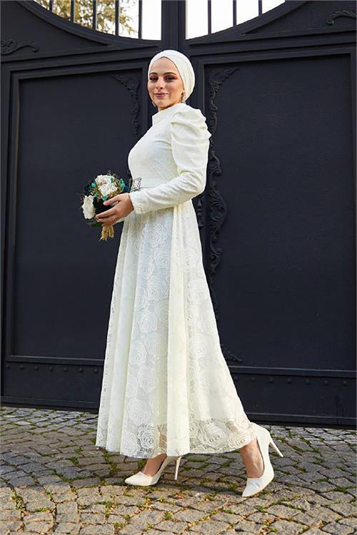 Dipmoda kadın abiye güpür ve omuz detaylı tesettür elbise SMS006 