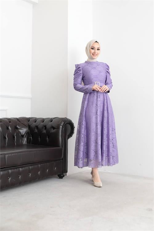Dipmoda kadın abiye güpür ve omuz detaylı tesettür elbise SMS006 
