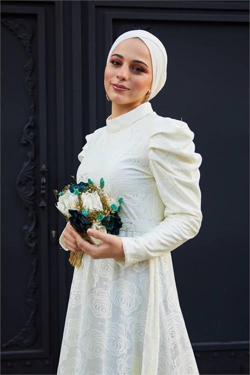 Dipmoda kadın abiye güpür ve omuz detaylı tesettür elbise SMS006 