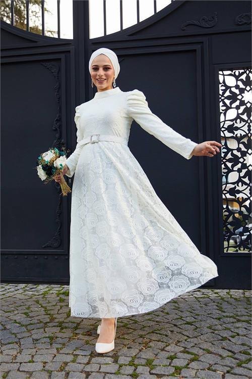 Dipmoda kadın abiye güpür ve omuz detaylı tesettür elbise SMS006 