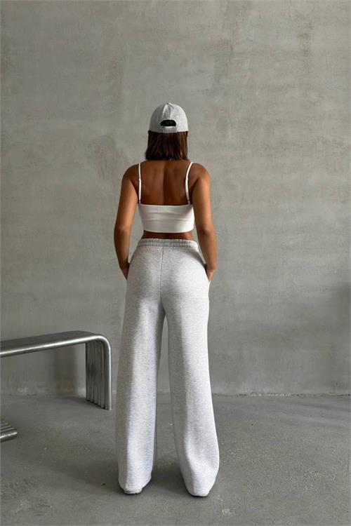 Dipmoda kadın açık gri cepli bol paça pamuklu eşofman altı NBG042 