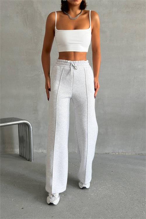 Dipmoda kadın açık gri cepli bol paça pamuklu eşofman altı NBG042 