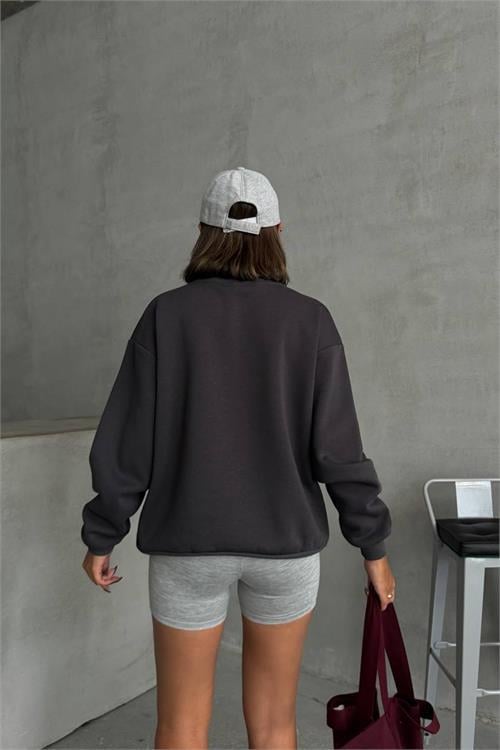 Dipmoda kadın antrasit bisiklet yaka pamuklu sweat NBG031 