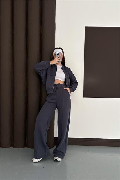 Dipmoda kadın antrasit cepli içi polarlı 3 iplik eşofman takımı RYHS001