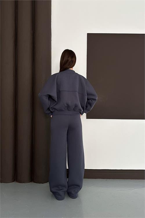 Dipmoda kadın antrasit cepli içi polarlı 3 iplik eşofman takımı RYHS001