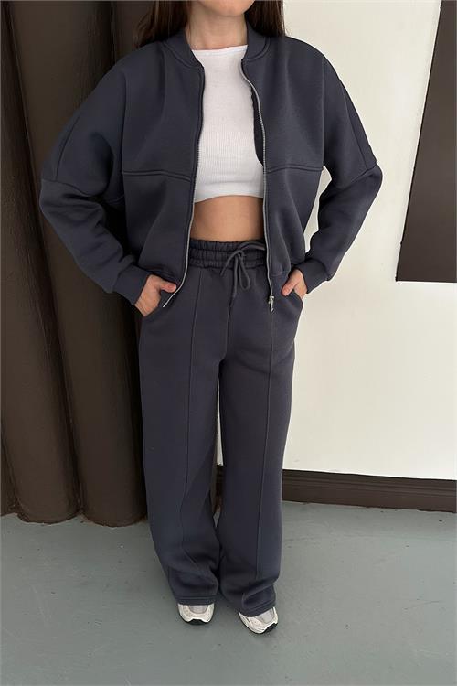 Dipmoda kadın antrasit cepli içi polarlı 3 iplik eşofman takımı RYHS001