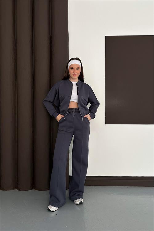 Dipmoda kadın antrasit cepli içi polarlı 3 iplik eşofman takımı RYHS001