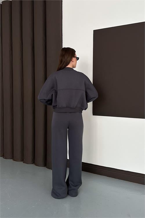 Dipmoda kadın antrasit fermuarlı 3 iplik eşofman takımı DPESF01