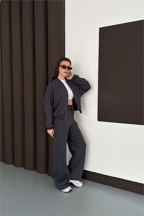 Dipmoda kadın antrasit fermuarlı 3 iplik eşofman takımı DPESF01