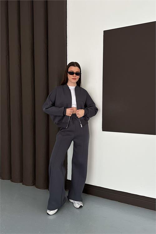 Dipmoda kadın antrasit fermuarlı 3 iplik eşofman takımı DPESF01